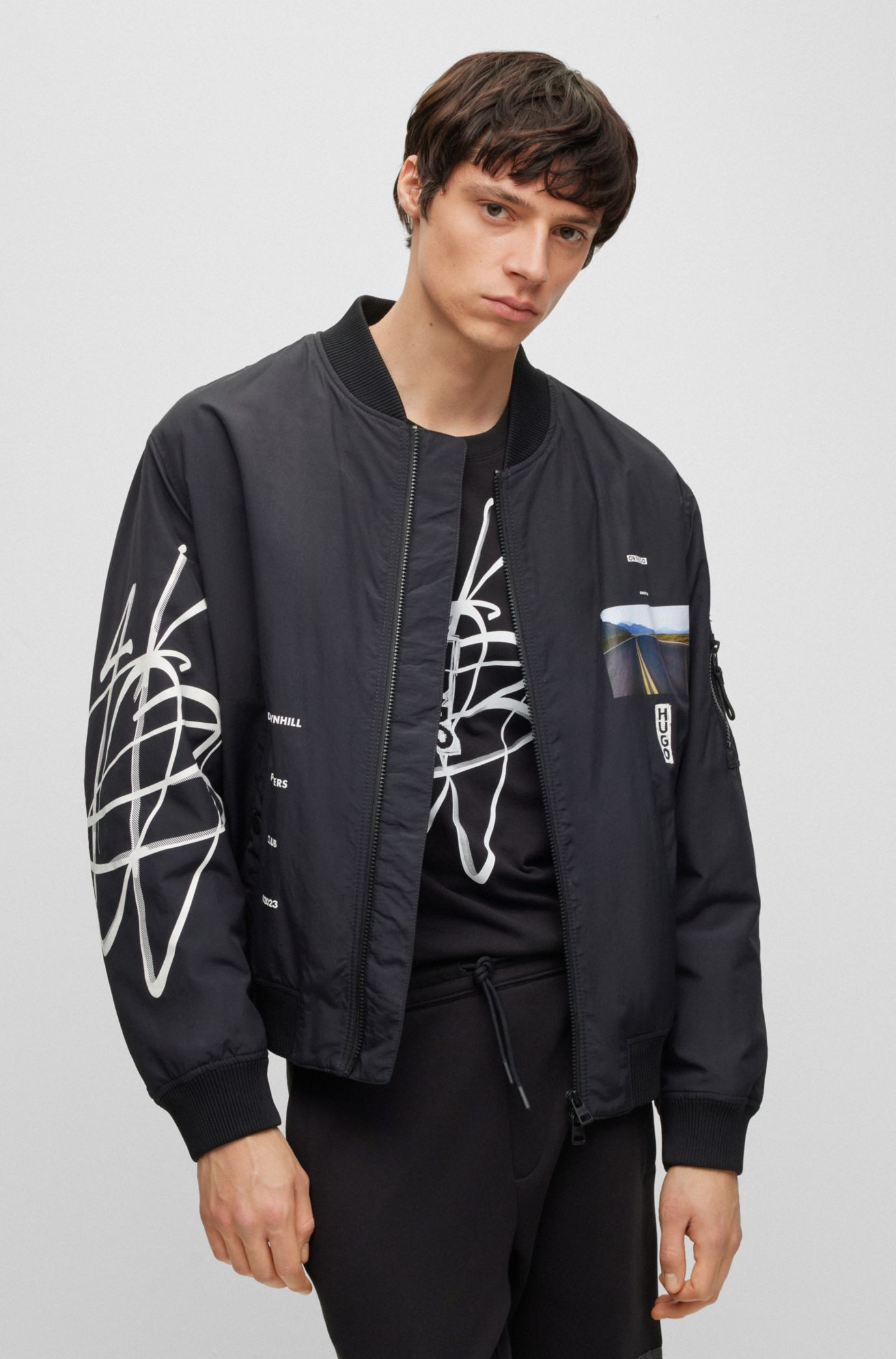 HUGO - Oversized-fit padded bomber jacket with streetwear artwork