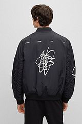 Oversized-fit padded bomber jacket with streetwear artwork, Black