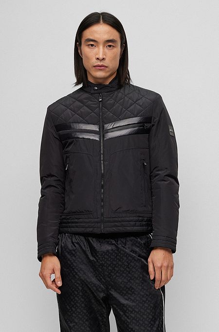 Regular-fit jacket with quilted panel and logo, Black