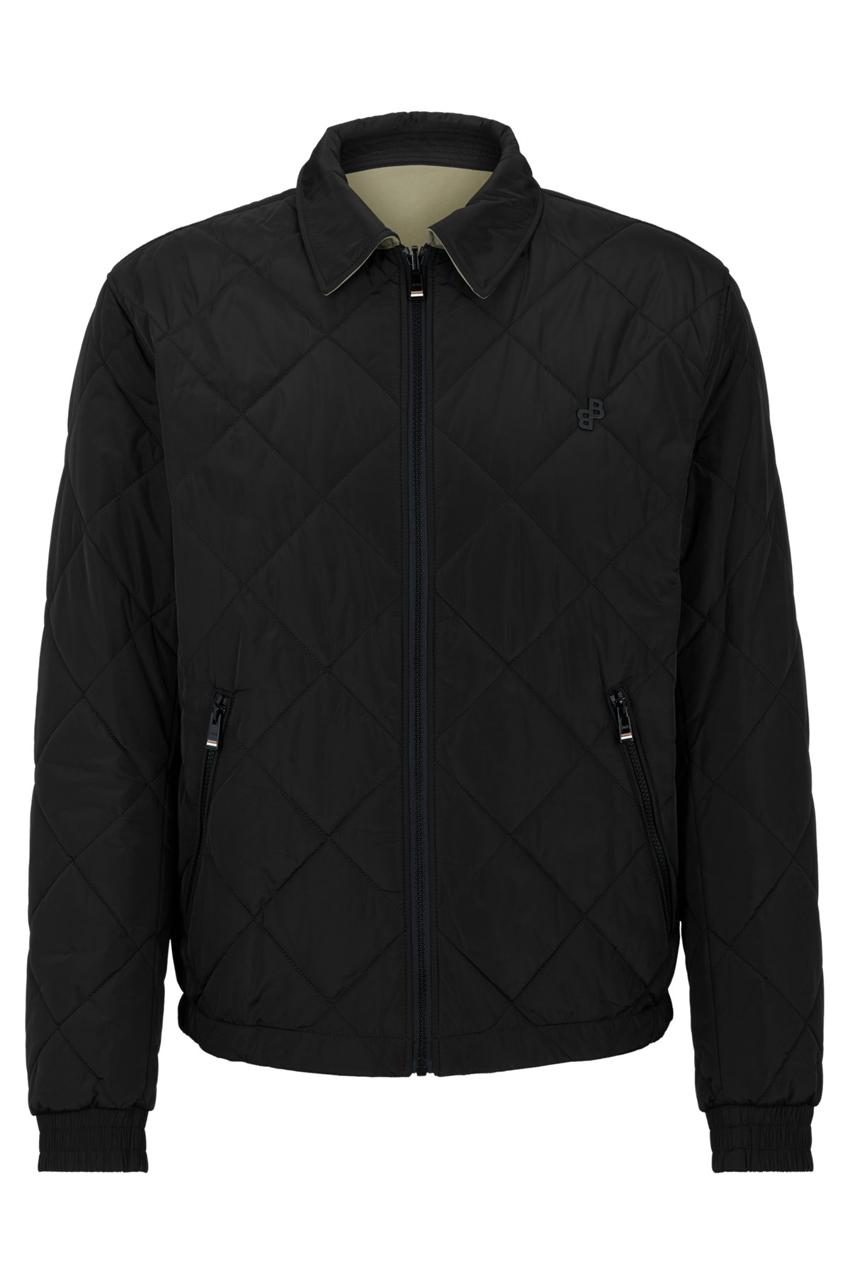 Water-repellent reversible quilted jacket with monogram trim, Black