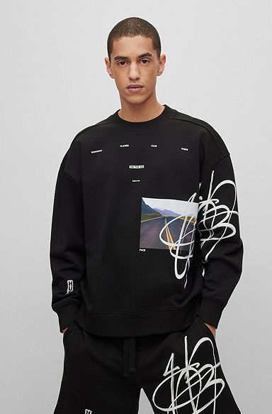 Oversized-fit sweater van katoen met streetwear-artwork, Zwart