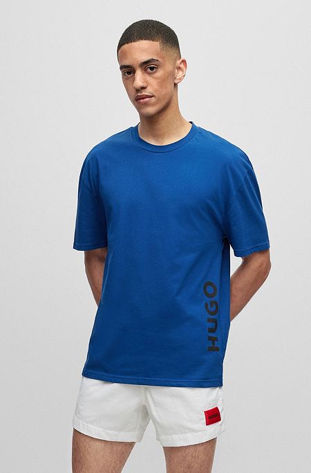 Relaxed-fit T-shirt in cotton with vertical logo print, Dark Blue