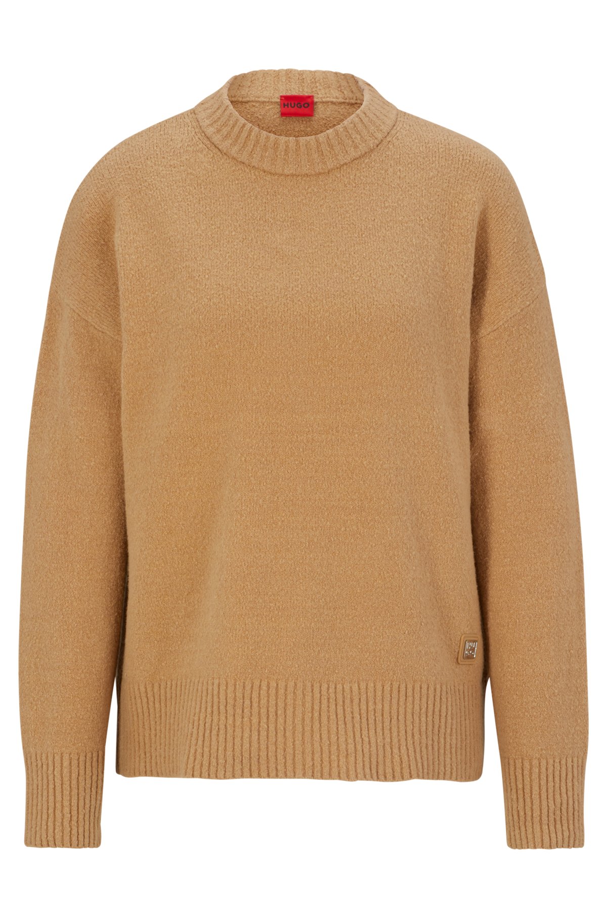 Organic-cotton-blend sweater with logo badge, Light Beige