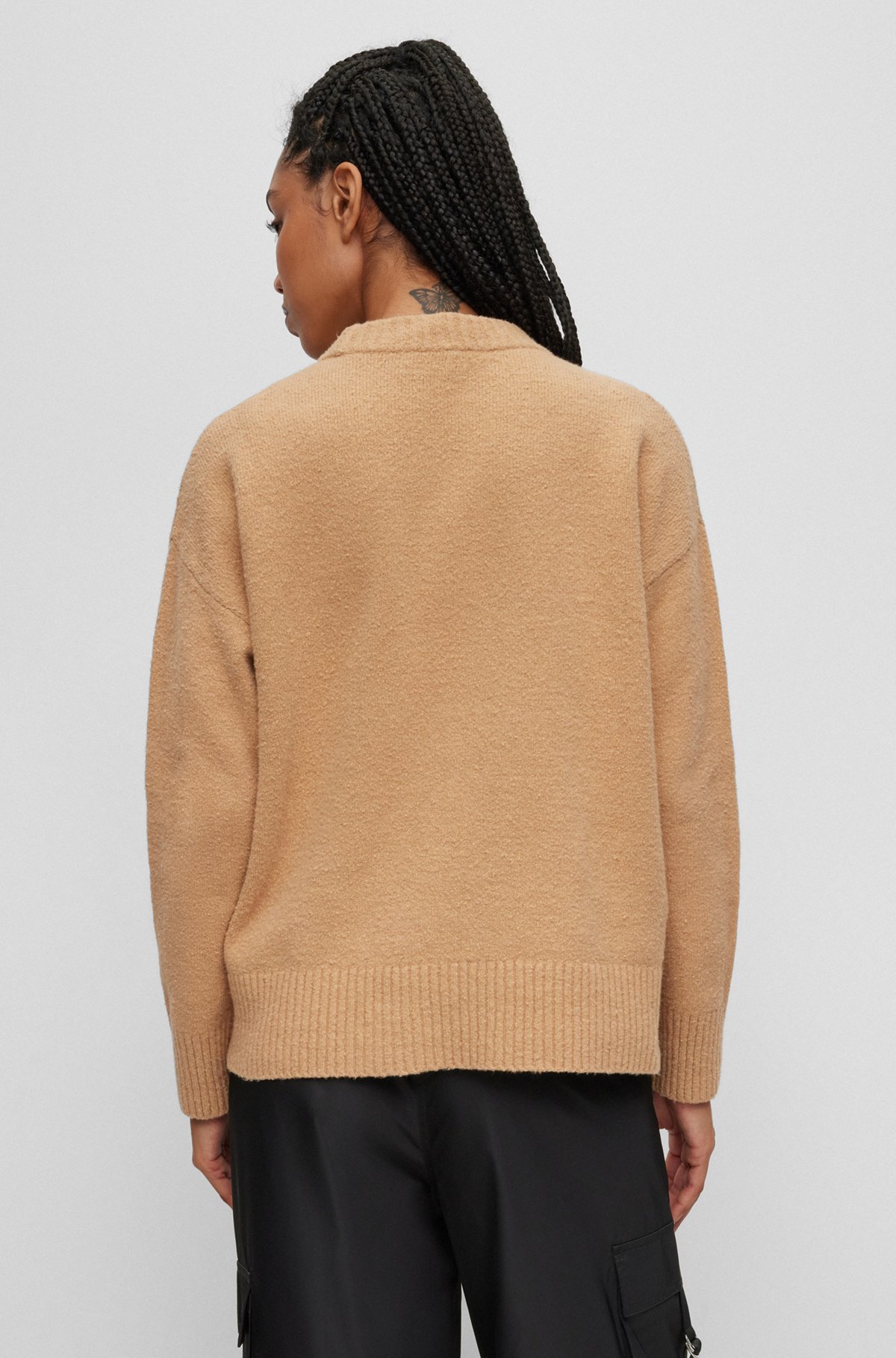 Organic-cotton-blend sweater with logo badge, Light Beige