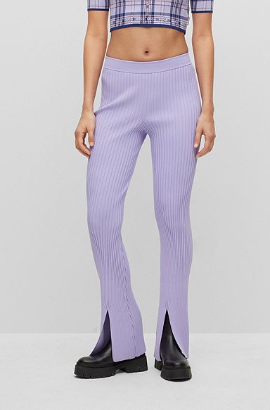 Ribbed-crepe regular-fit trousers with slit hems, Light Purple