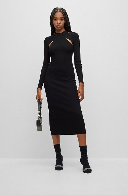 Long-sleeved knitted tube dress with cut-out details, Black