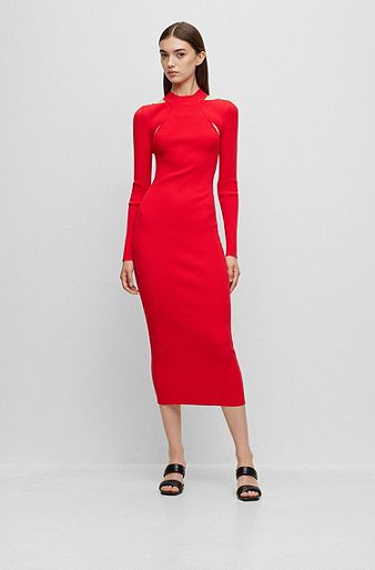 Long-sleeved knitted tube dress with cut-out details, Red