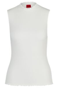 Mock-neck sleeveless top in ribbed crepe, Natural