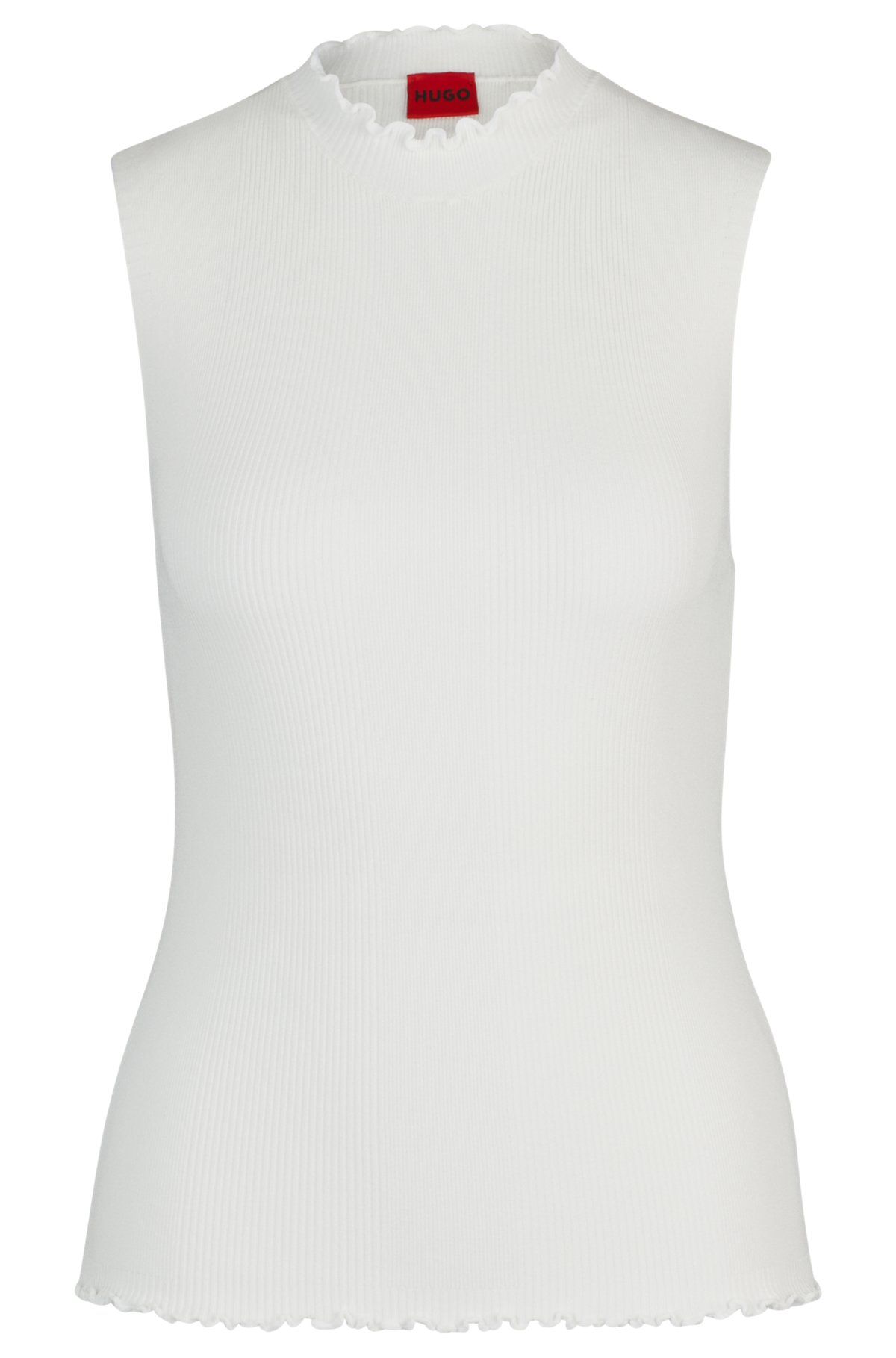 Mock-neck sleeveless top in ribbed crepe, Natural