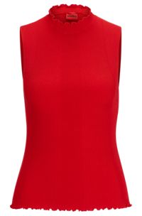 Mock-neck sleeveless top in ribbed crepe, Red