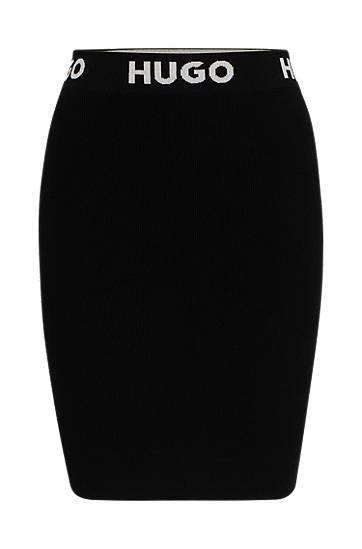 Ribbed mini skirt in stretch fabric with logo waistband, Hugo boss