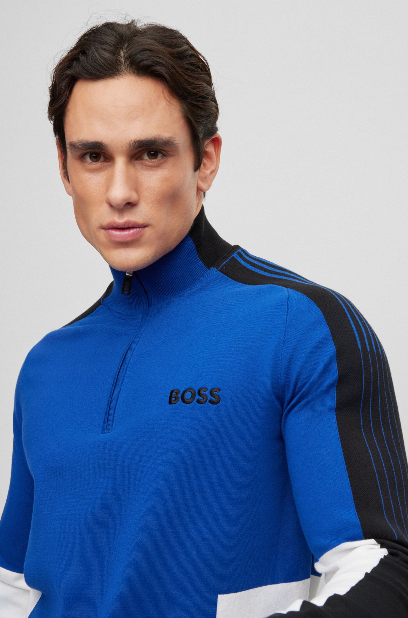 BOSS Cotton blend zip neck sweater with colour blocking