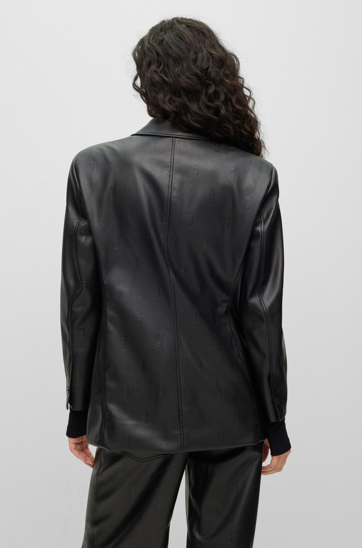 Oversized-fit jacket in logo-embossed faux leather, Black