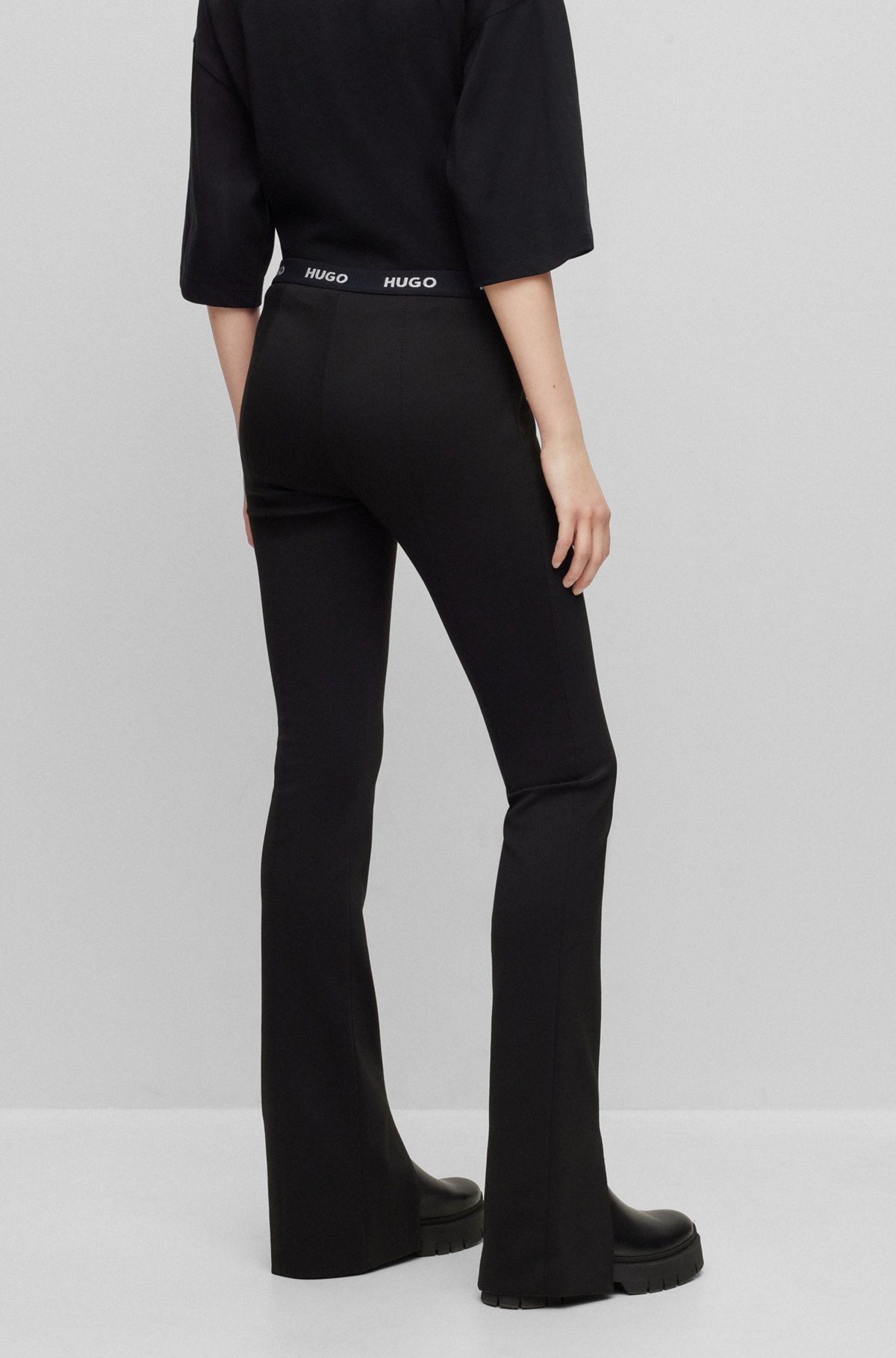 Slim-fit trousers in stretch fabric with slit hems, Black