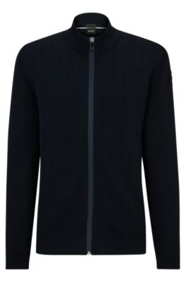 BOSS Mixedmaterial zipup cardigan with knittedmesh structures