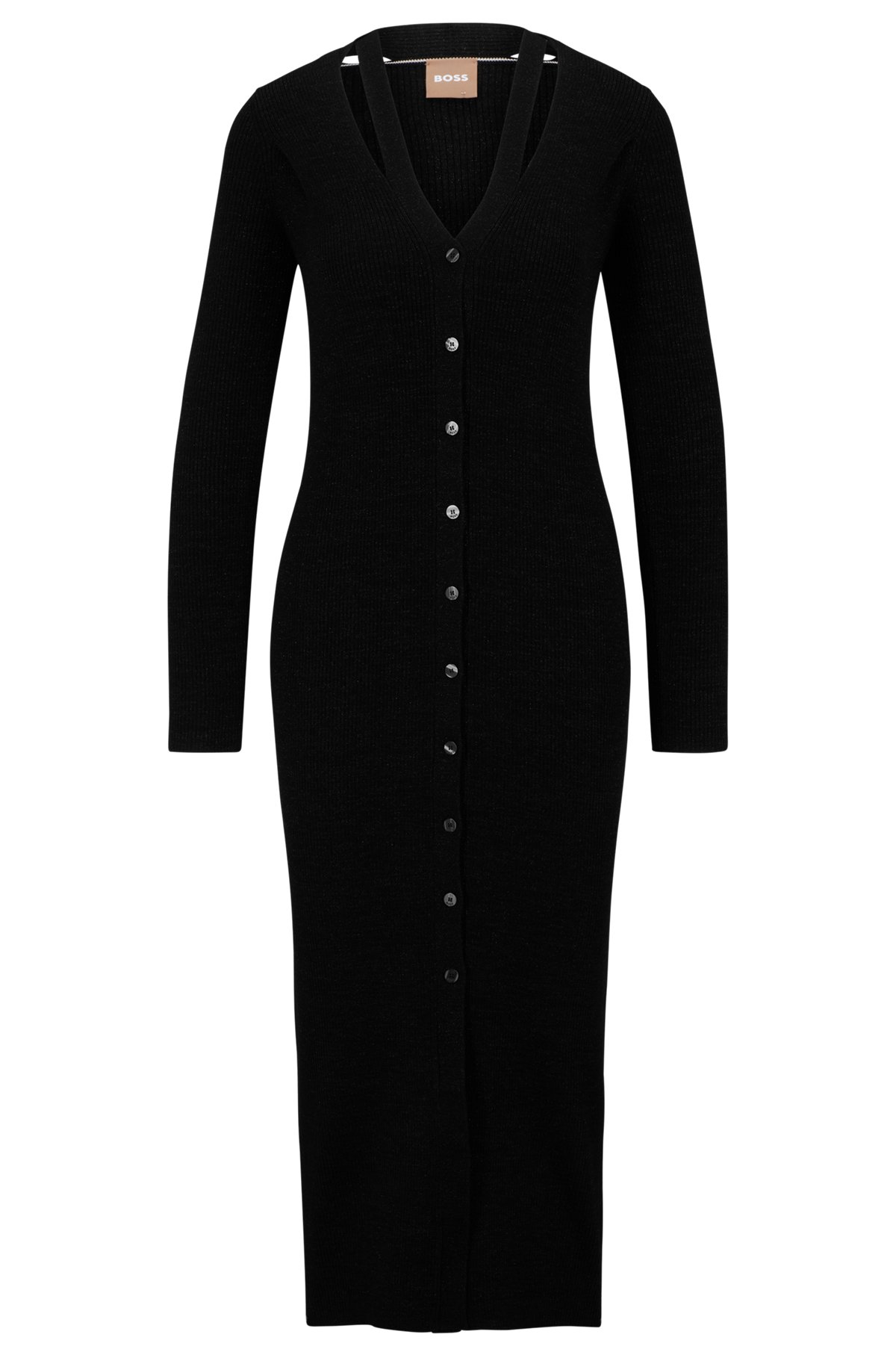 Long-sleeved dress in metallised stretch fabric, Black