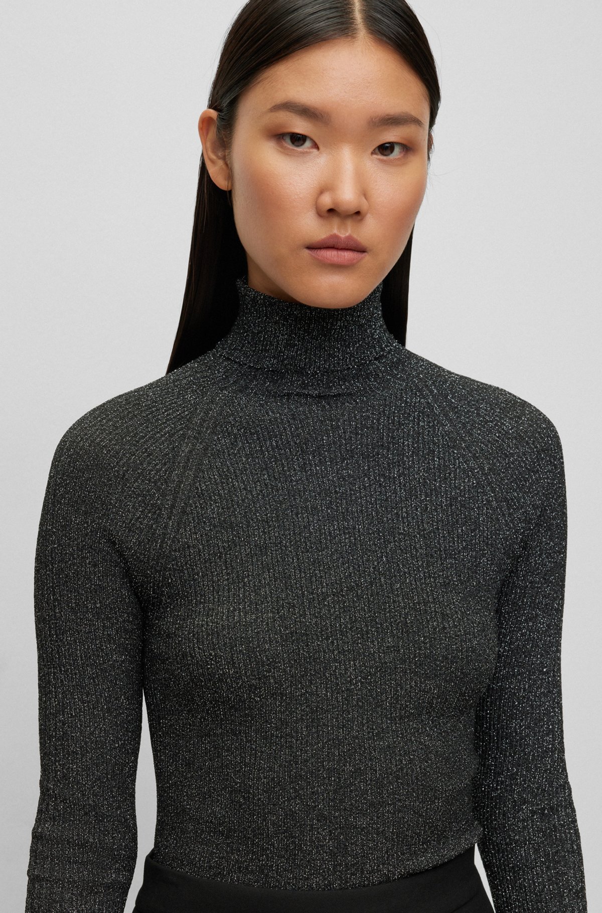 BOSS - Ribbed sweater in metallised fabric with mock neckline