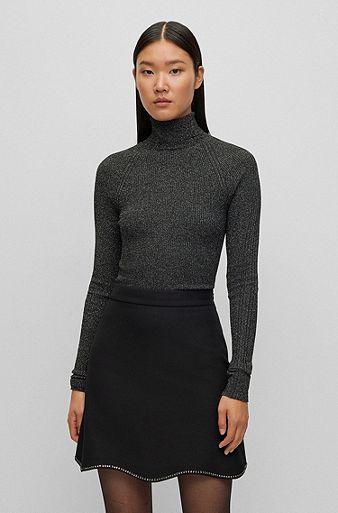 Ribbed sweater in metallised fabric with mock neckline, Black
