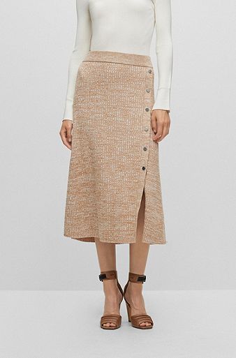 Melange skirt with monogrammed-button trim, Beige