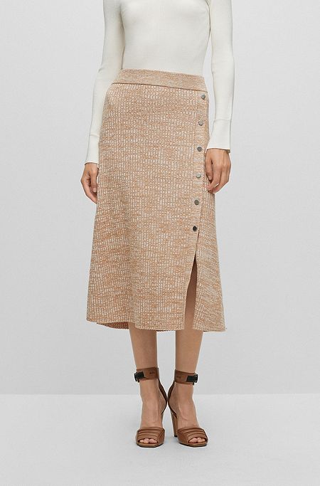 Melange skirt with monogrammed-button trim, Beige