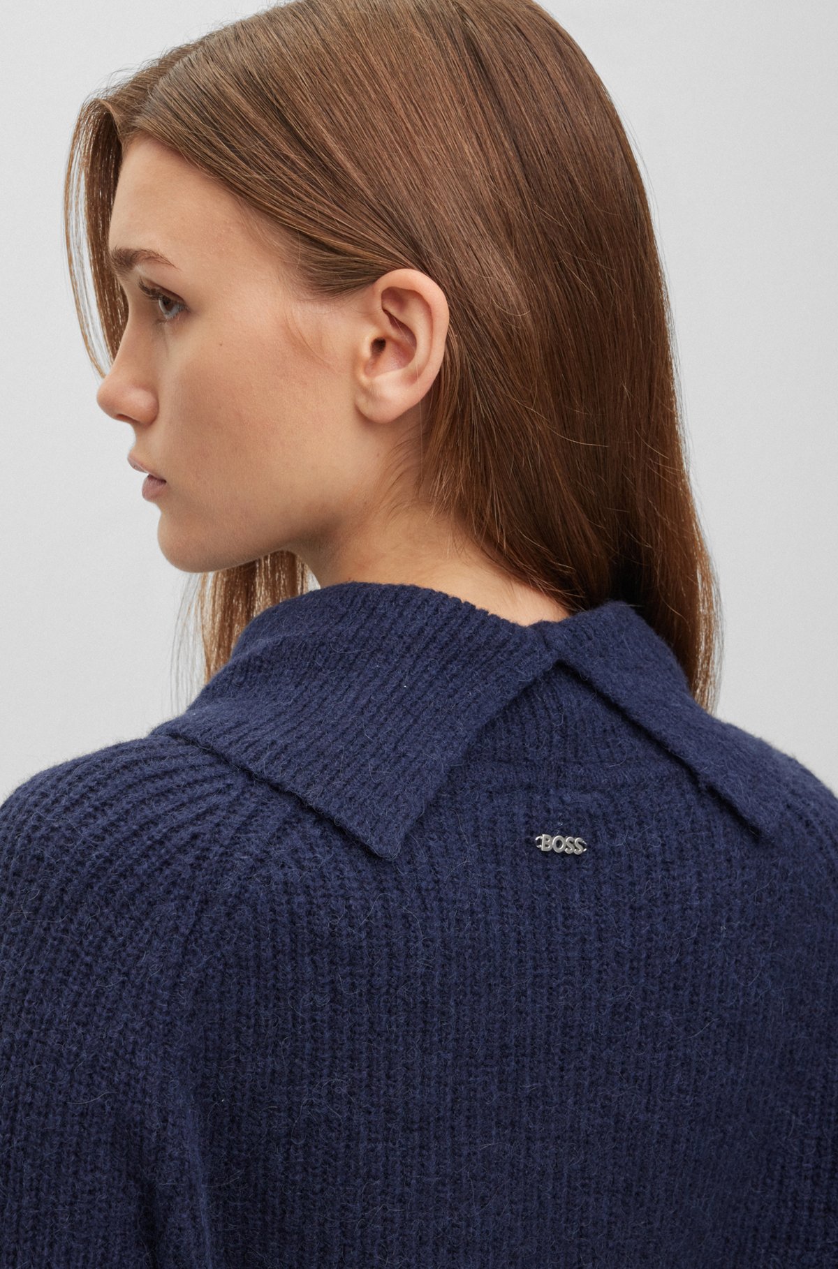 Rollneck sweater with mixed structures, Dark Blue