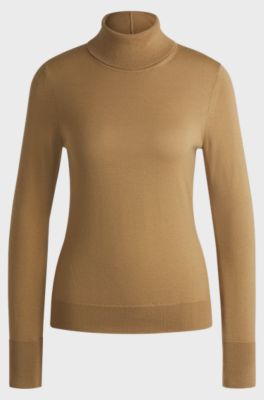 Rollneck sweater in virgin wool, Light Brown