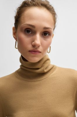 Rollneck sweater in virgin wool, Light Brown
