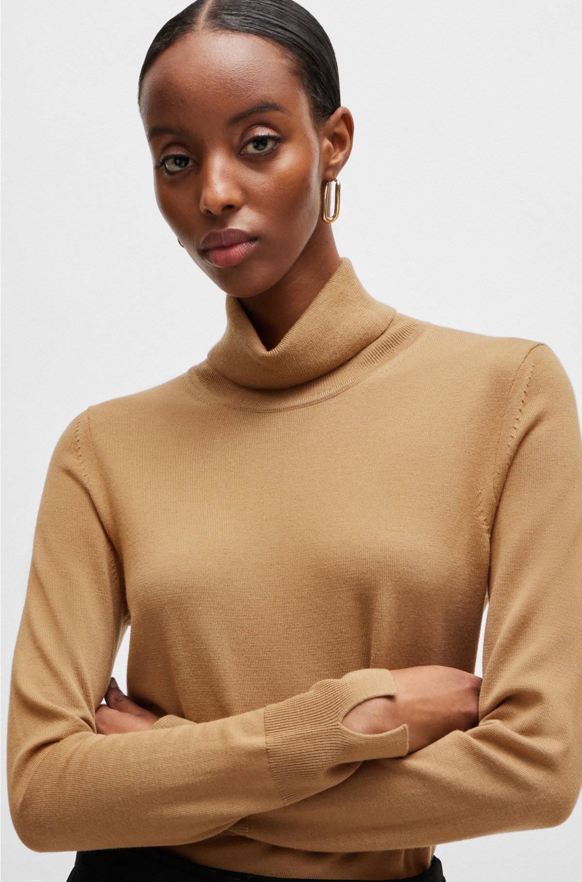Rollneck sweater in virgin wool, Light Brown