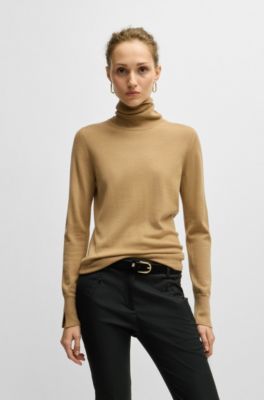 Rollneck sweater in virgin wool, Light Brown