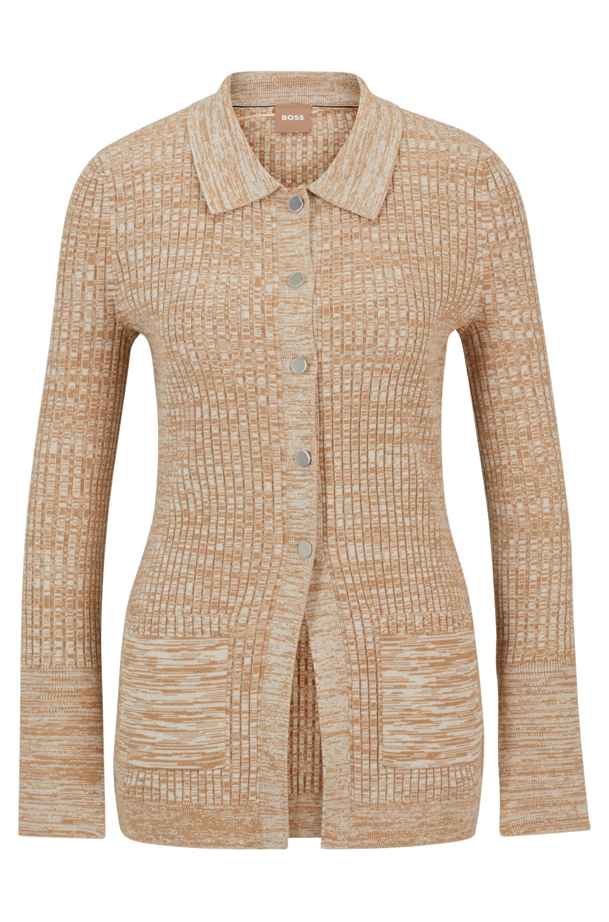 Mouliné ribbed cardigan with metallic monogram buttons, Beige