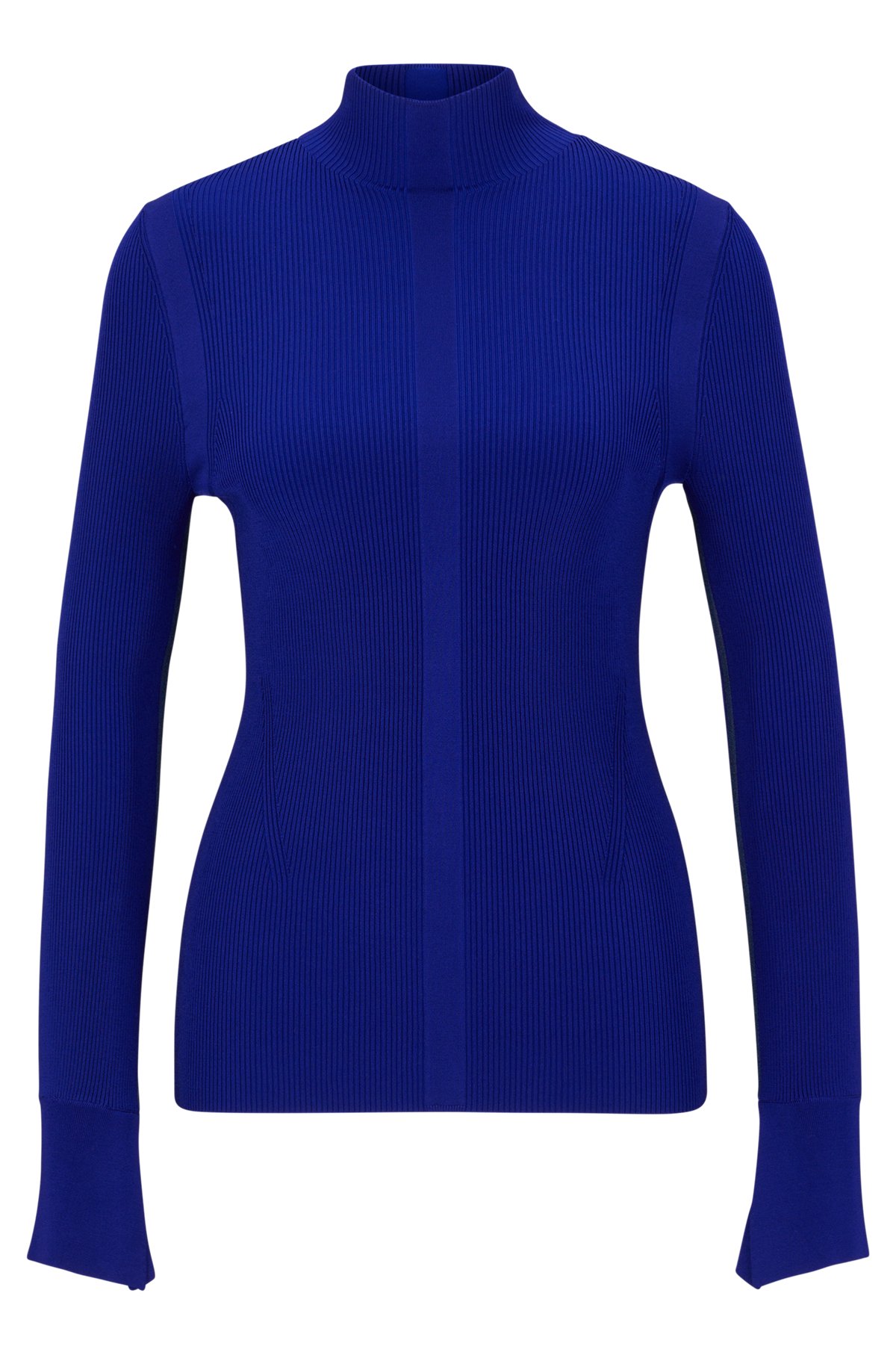 High-neck sweater in a ribbed knit, Blue