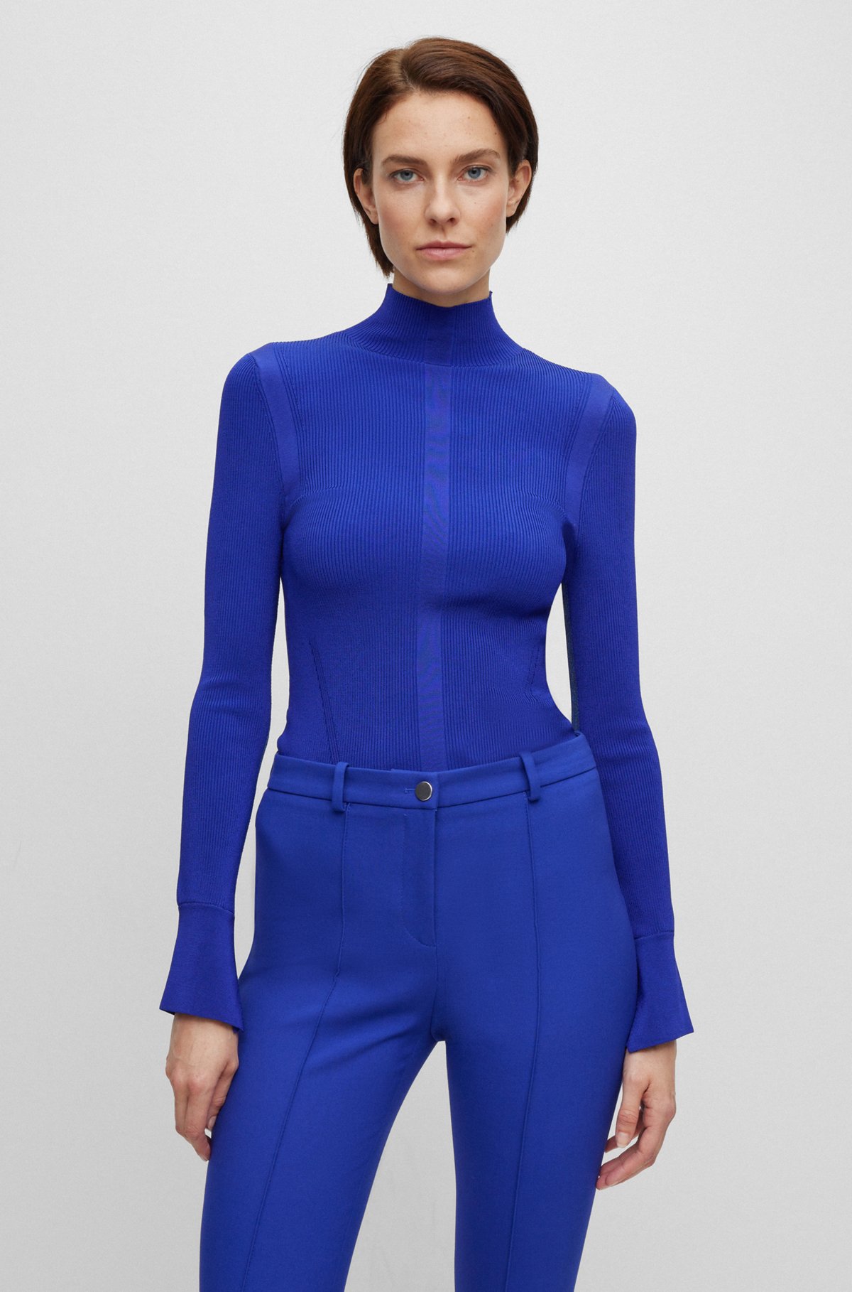 High-neck sweater in a ribbed knit, Blue