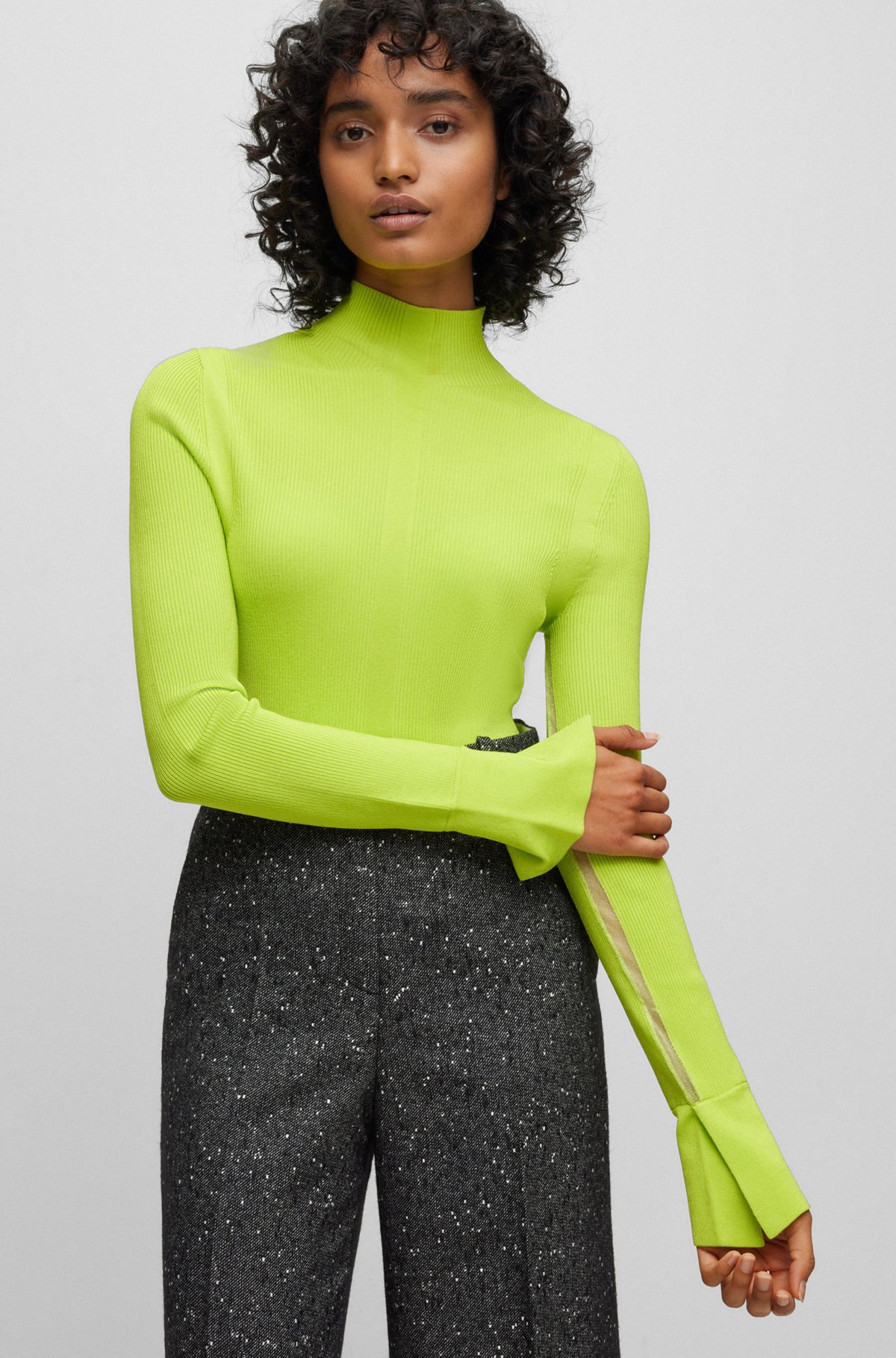 High-neck sweater in a ribbed knit, Yellow