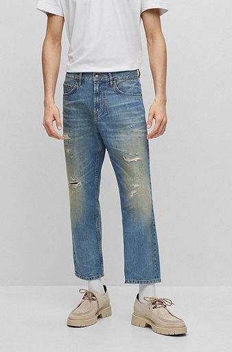 Ruimvallende jeans van blauw denim met vintage wassing, Blauw