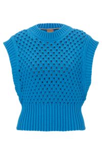 Sleeveless open-knit top in a cotton blend, Blue