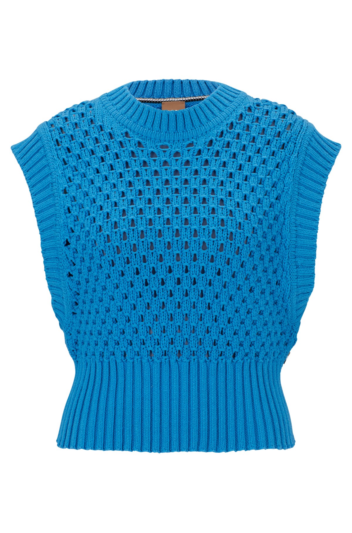 Sleeveless open-knit top in a cotton blend, Blue