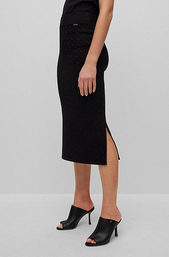 Knitted jacquard-pattern pencil skirt with logo trim, Black