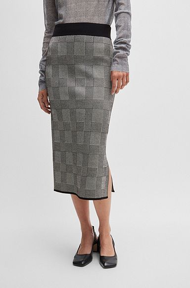 Pencil skirt in knitted jacquard, Black Patterned
