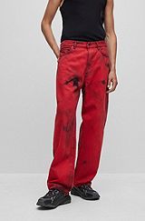 Jeans regular fit in denim rigido effetto dip-dye, Rosso