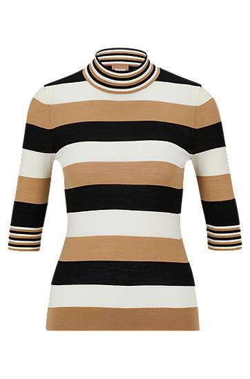 Virgin-wool crew-neck sweater with block stripes, Hugo boss