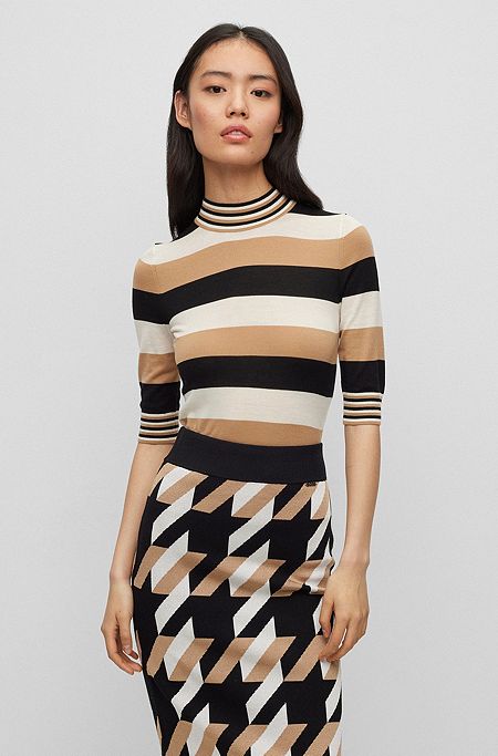 Virgin-wool crew-neck sweater with block stripes, Patterned