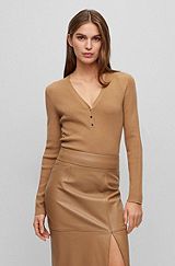 V-neck ribbed sweater with hardware-button placket, Beige