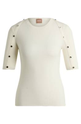 Hugo Boss Short-sleeved Sweater In Stretch Fabric With Hardware Details In White