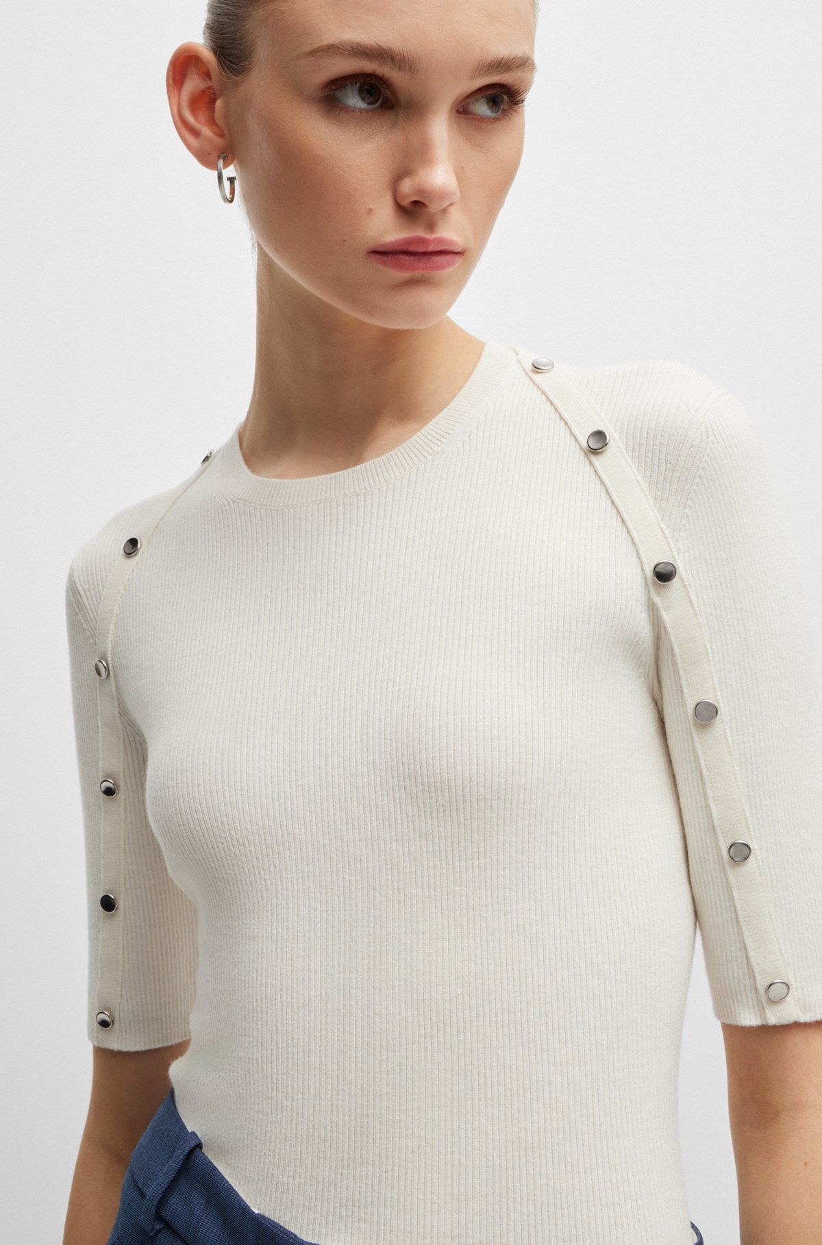 Short-sleeved sweater in stretch fabric with hardware details, White