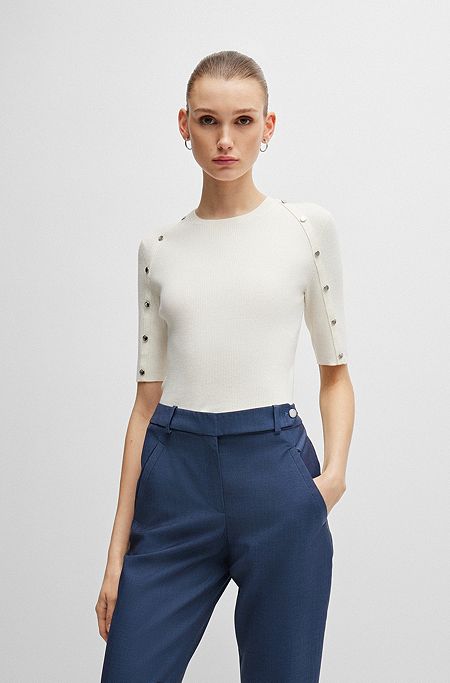 Short-sleeved sweater in stretch fabric with hardware details, White