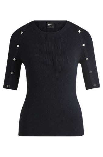 Short-sleeved sweater in stretch fabric with hardware details, Dark Blue