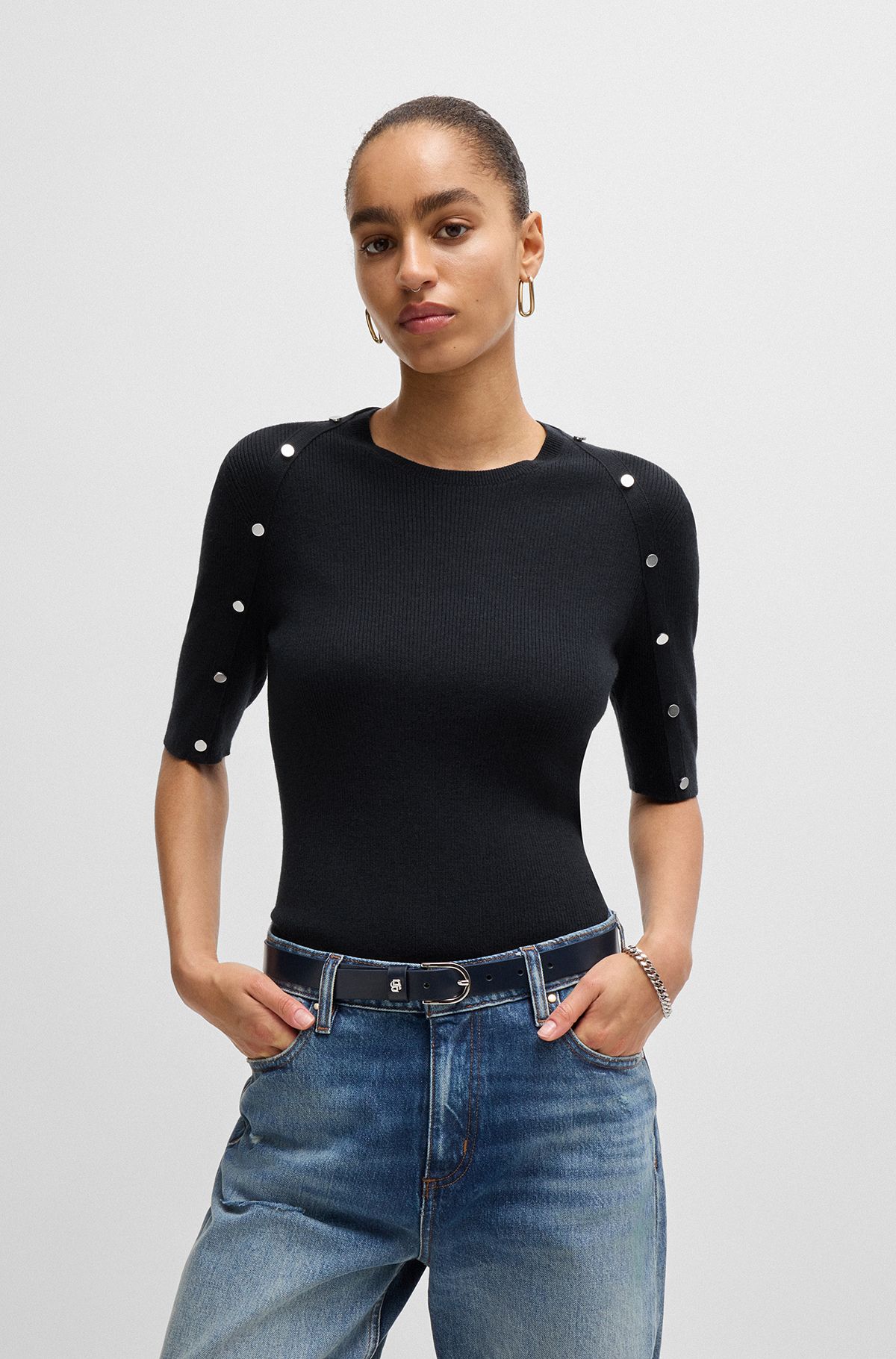Short-sleeved sweater in stretch fabric with hardware details, Dark Blue
