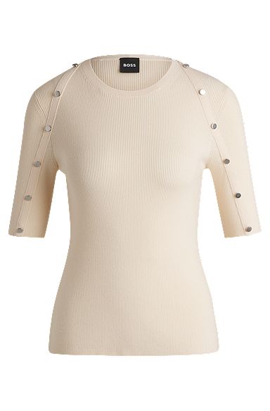 Short-sleeved sweater in stretch fabric with hardware details, Light Yellow