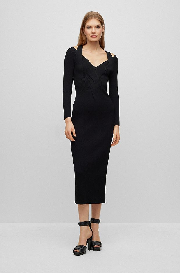 Long-sleeved slim-fit dress with cut-out shoulders, Black