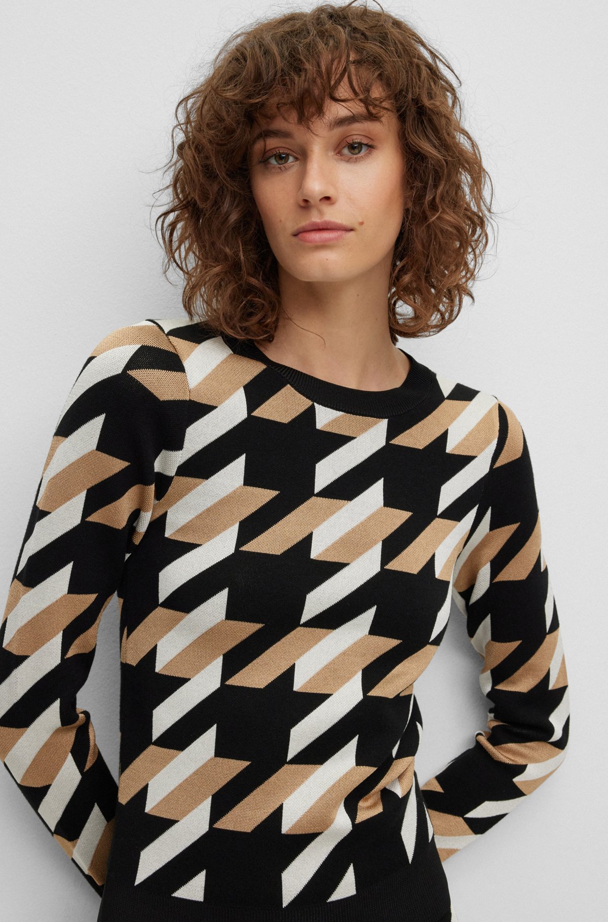 Knitted jacquard-pattern sweater with logo trim, Patterned